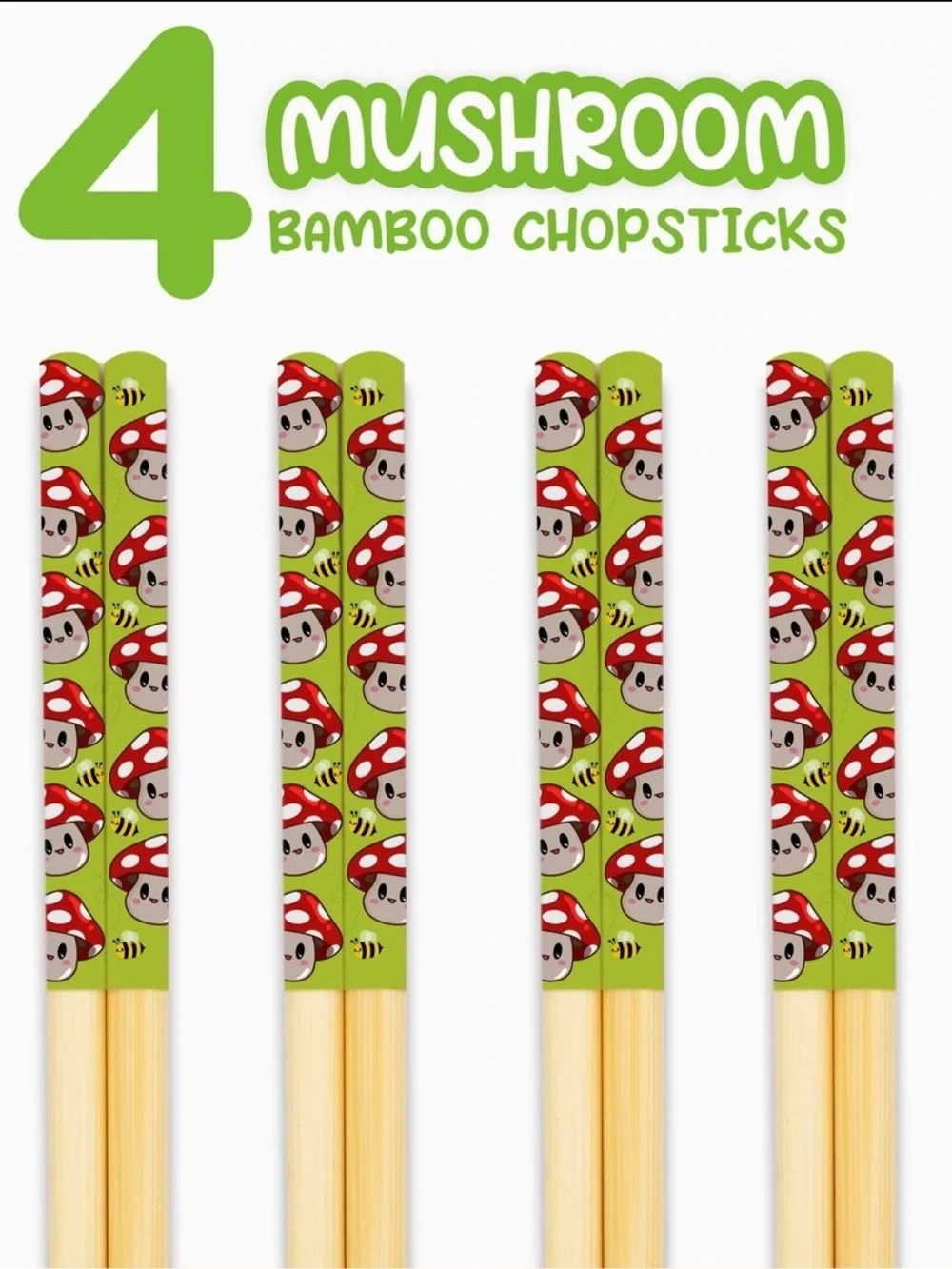 Reusable Mushroom & Sushi Time! Bamboo Chopsticks (Set of 4 x 2)